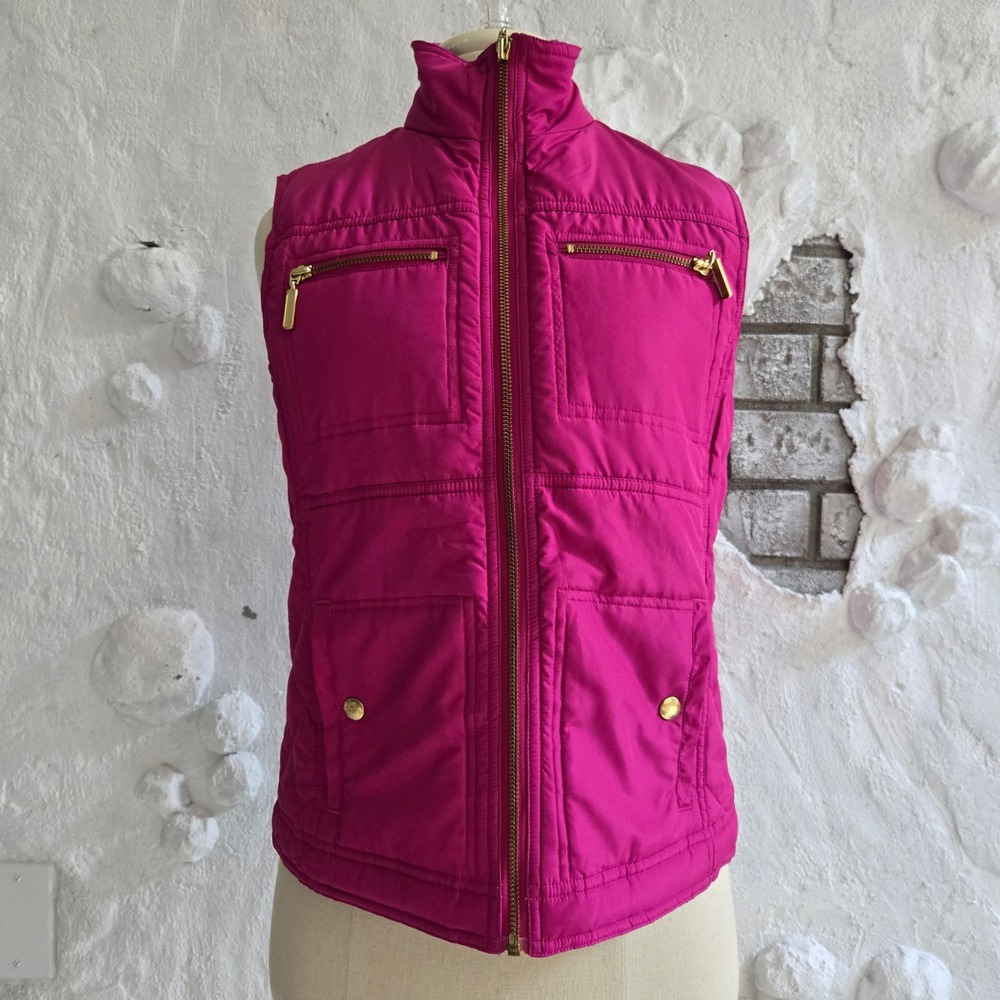 Chicos Womens Fuchsia Pink Quilted Puffer Vest Gold Hardware Mock Neck Size 0